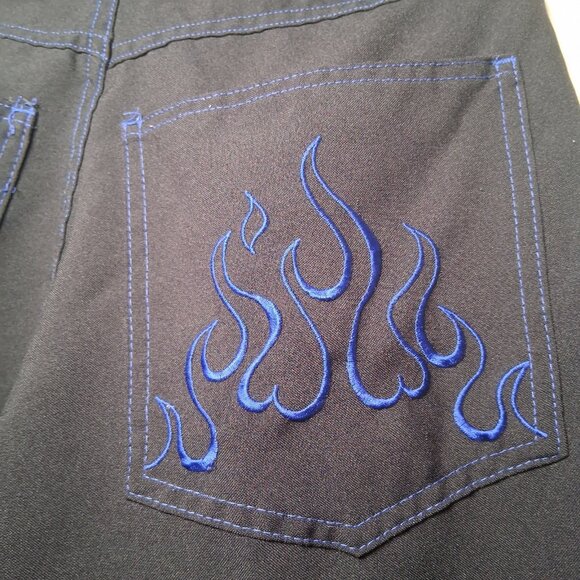 Johnny Suede Pants Men Size 30 Black Blue Stitching Flames Rockabilly Moto - Picture 9 of 15